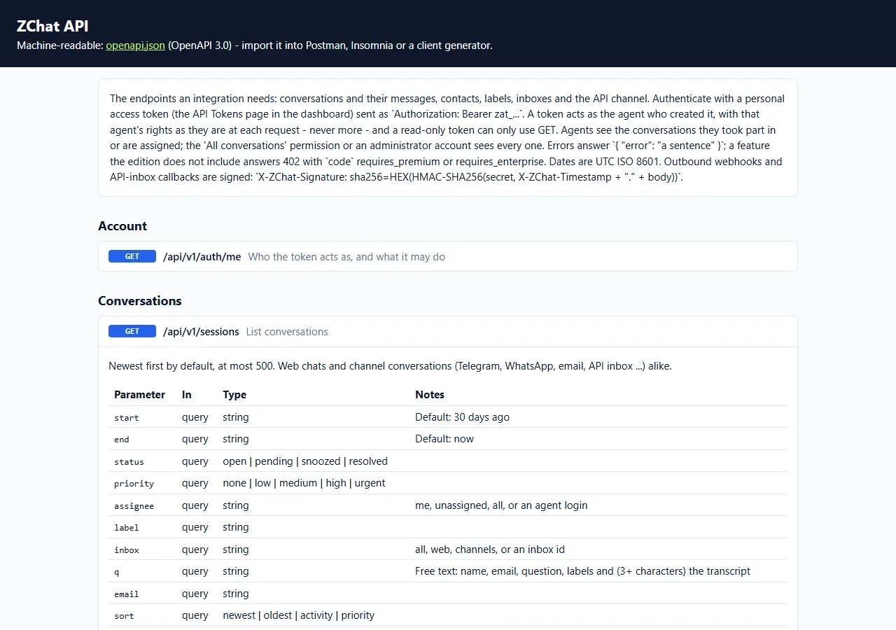 ZChat API reference page describing authentication with a personal access token and the list conversations endpoint with its parameters