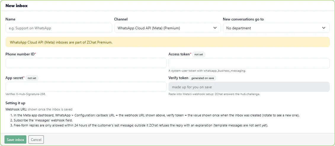 New inbox form for a WhatsApp Cloud API inbox, marked as part of ZChat Premium, with phone number ID, access token and app secret fields
