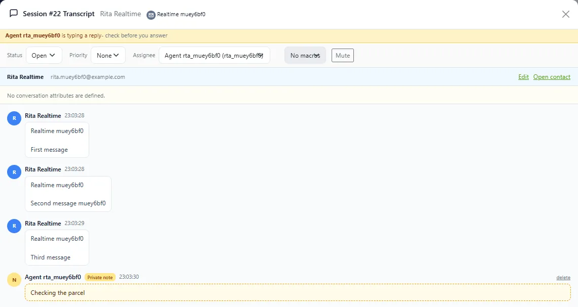ZChat conversation with a banner saying another agent is typing a reply, status, priority and assignee controls, and a private note