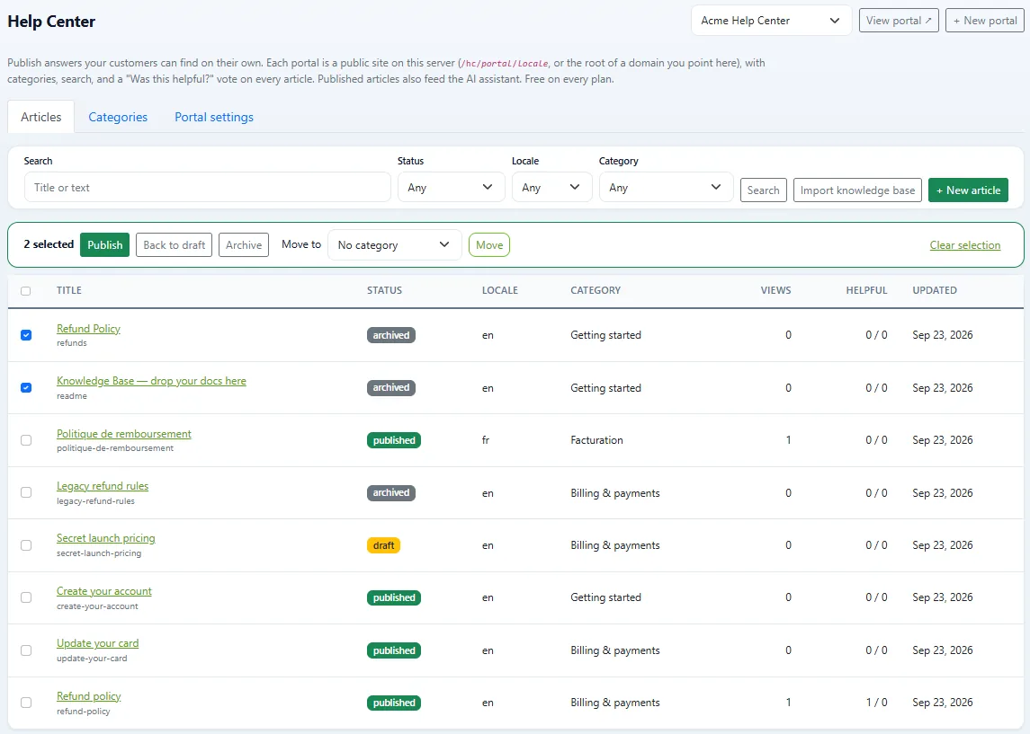 ZChat help center article list with draft, published and archived articles in English and French
