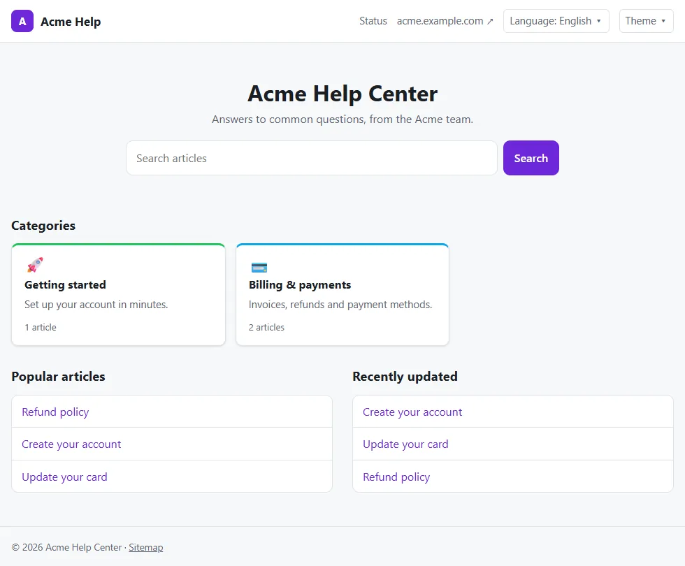 A ZChat help center portal home page with search, categories, popular articles and recently updated articles