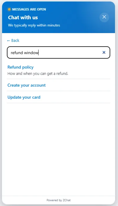 ZChat chat widget showing help article search results for a refund question
