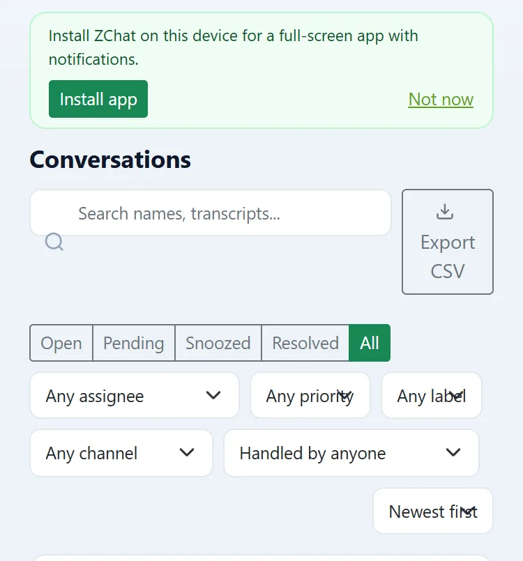 ZChat dashboard on a phone showing an Install app prompt and the conversations list with status and assignee filters
