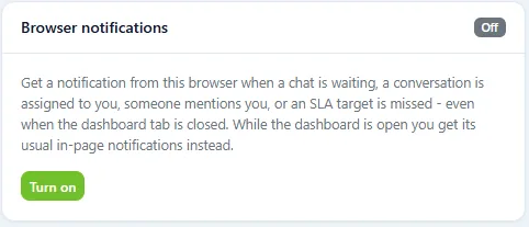ZChat browser notifications card explaining notifications for waiting chats, assignments, mentions and missed SLA targets