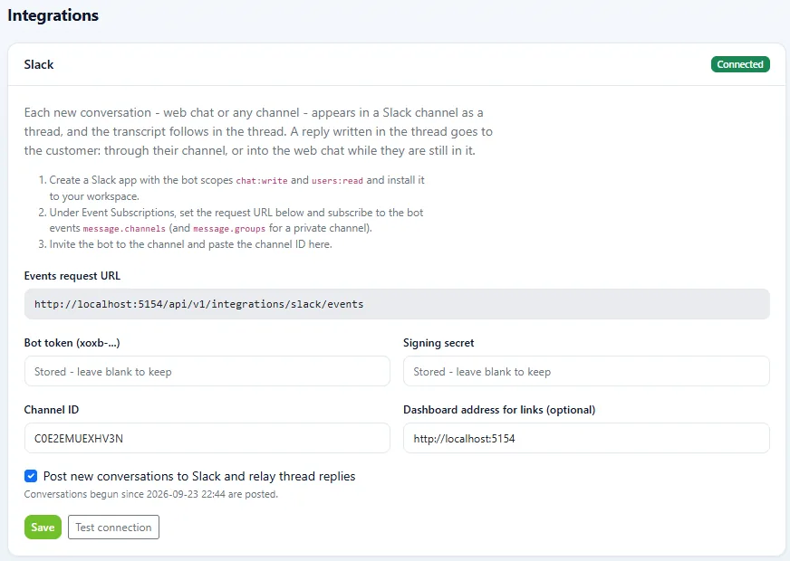 ZChat Slack integration settings showing the events request URL, bot token, signing secret and channel ID fields, marked connected
