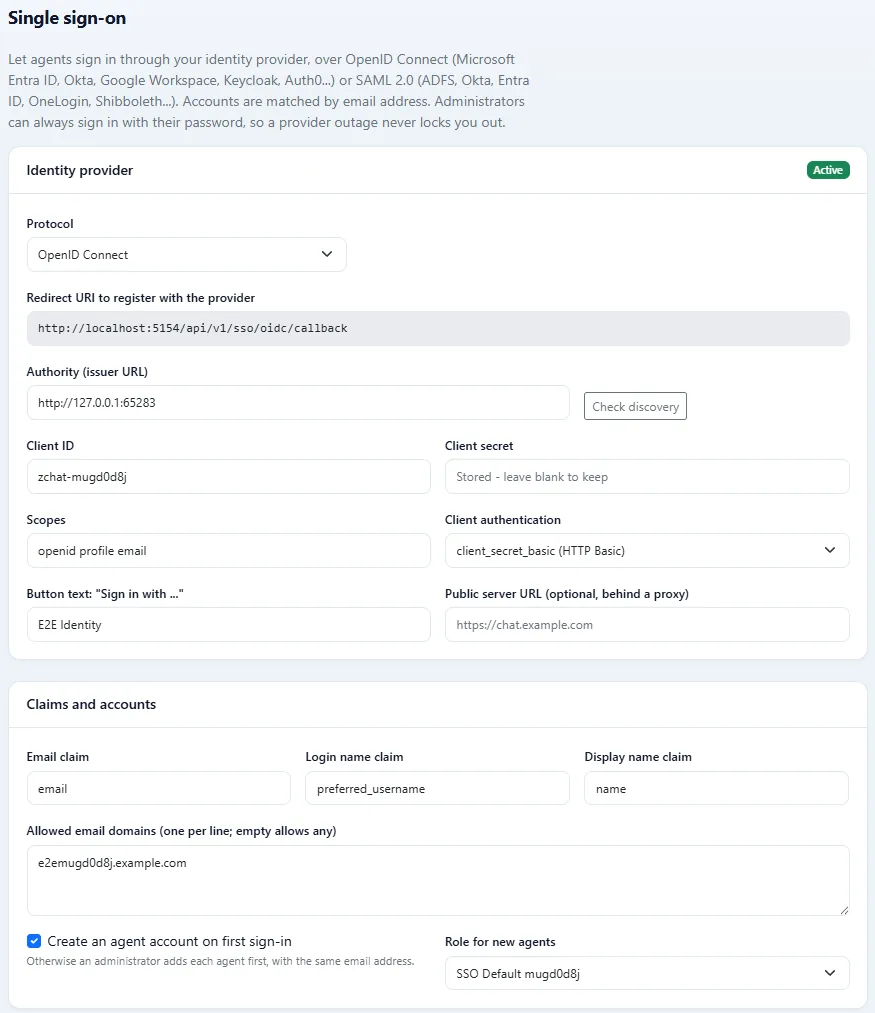 ZChat single sign-on settings with OpenID Connect selected, issuer URL, client ID, scopes, claim mapping and allowed email domains