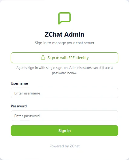 ZChat sign-in page with a Sign in with identity provider button above the username and password fields