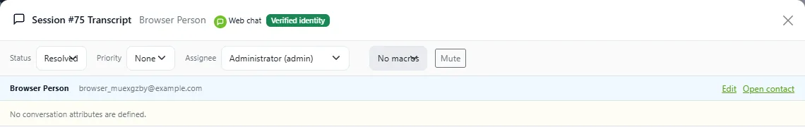 ZChat conversation header with a Verified identity badge next to the web chat channel