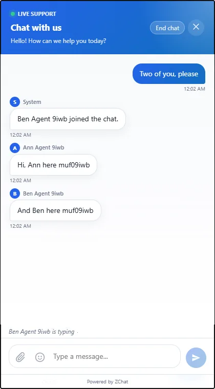 ZChat chat widget where a second agent has joined the chat and both agents reply