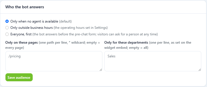 ZChat chatbot audience settings: only when no agent is available, only outside business hours, or everyone first, with page and department limits