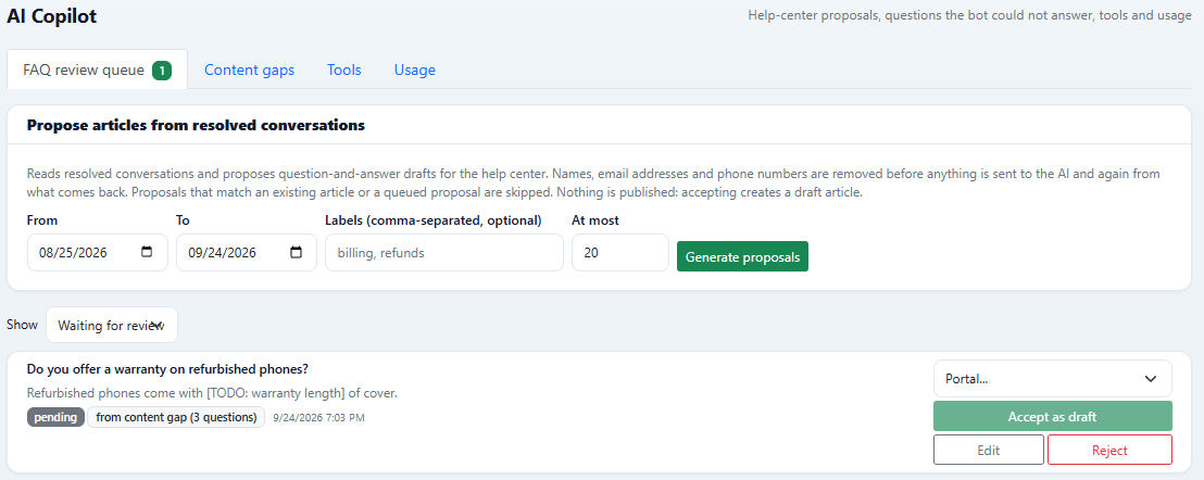 ZChat AI Copilot FAQ review queue with a form to propose articles from resolved conversations and one pending proposal with Accept as draft, Edit and Reject buttons