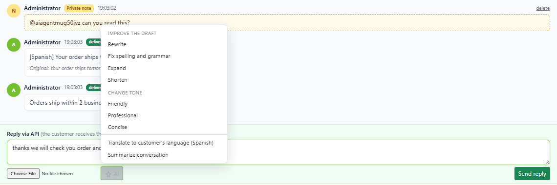 ZChat reply box with the AI menu open, listing Rewrite, Fix spelling and grammar, Expand, Shorten, tone options Friendly, Professional and Concise, Translate to customer's language (Spanish) and Summarize conversation
