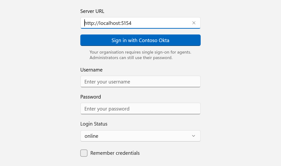 ZChat Windows desktop app sign-in screen with a Sign in with Contoso Okta button, a note that the organisation requires single sign-on for agents, and username and password fields