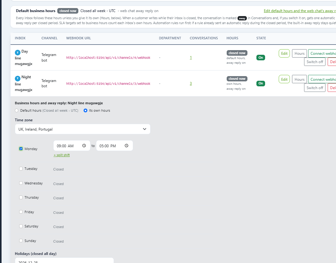 ZChat inbox list with Hours buttons and a closed now badge, and the business hours editor for one Telegram inbox with its own time zone, opening hours per day and holidays