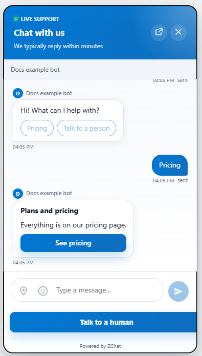 ZChat chat widget where a bot offers Pricing and Talk to a person buttons, then answers with a Plans and pricing card and a See pricing button