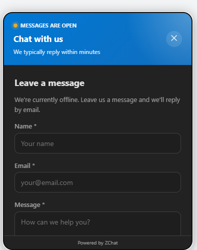 ZChat chat widget in dark mode showing the leave a message form