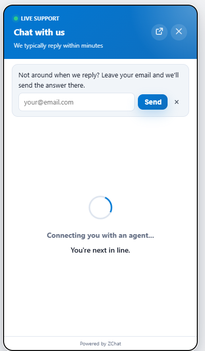 ZChat chat widget asking a waiting visitor to leave an email address so the answer can be sent there