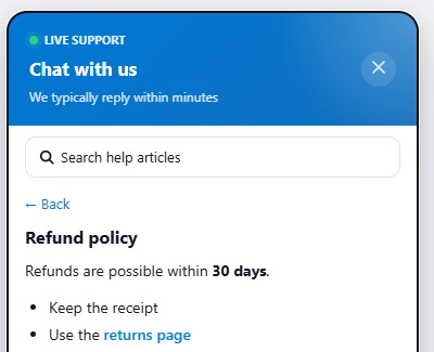 ZChat chat widget showing a Refund policy help article opened inside the widget