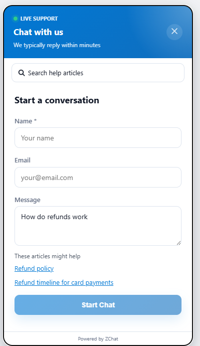 ZChat chat widget pre-chat form where the visitor typed How do refunds work and two help articles are suggested