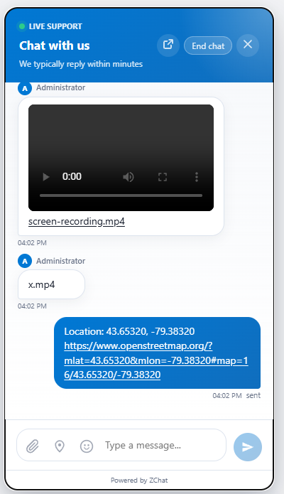 ZChat chat widget with an inline video player from the agent and a shared location with a map link from the visitor