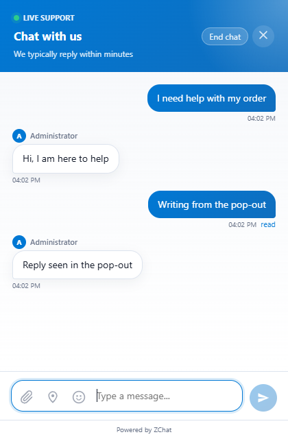 A ZChat chat in its own pop-out window, with the visitor and agent messages and a read receipt