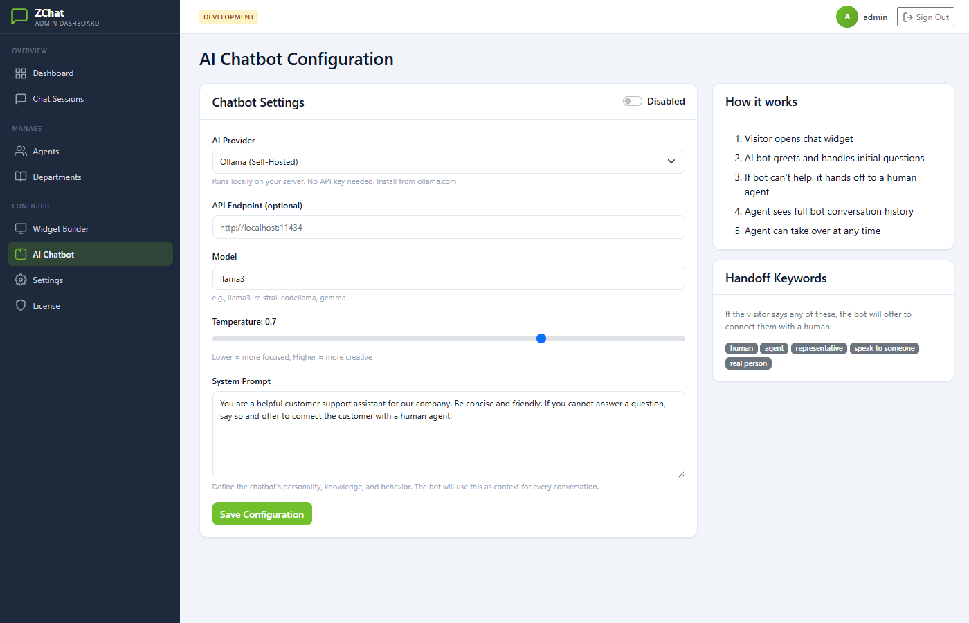 ZChat AI chatbot configuration